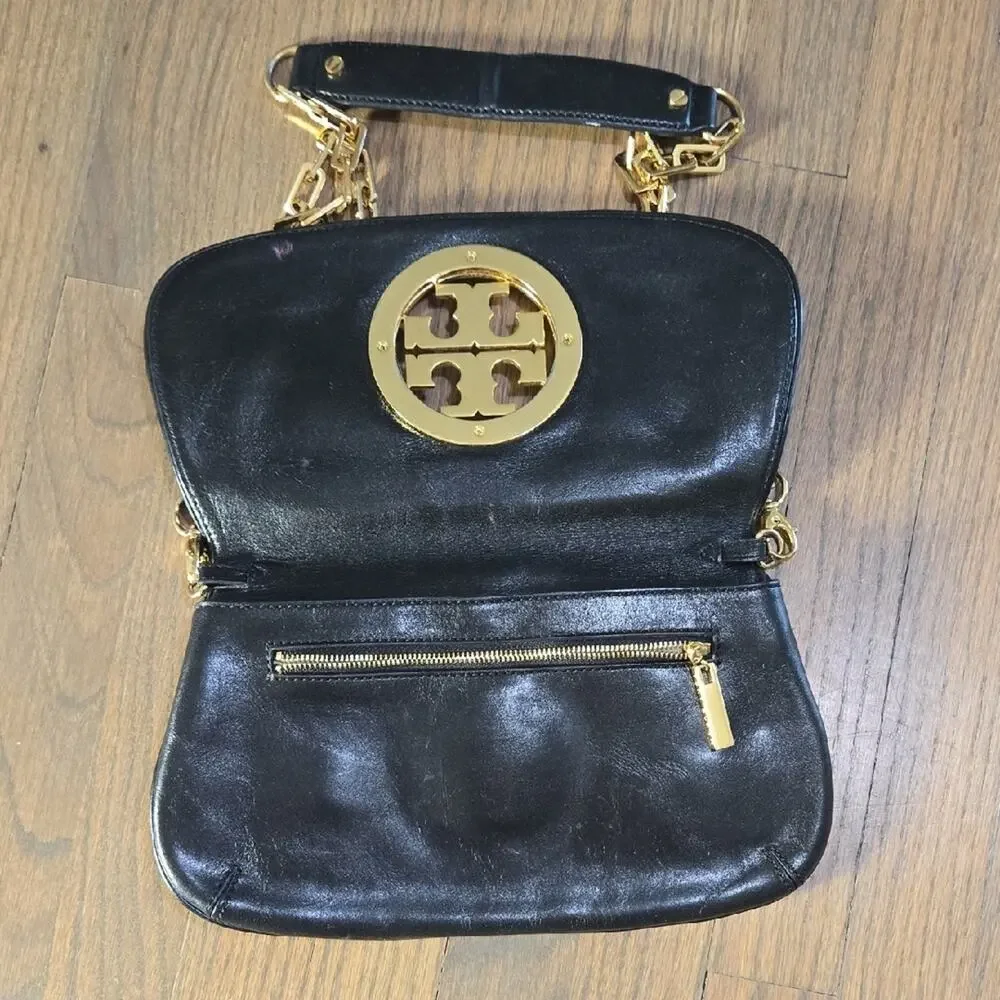 Tory Burch Black Leather Clutch with Gold Crossbody Chain - Picture 3 of 13